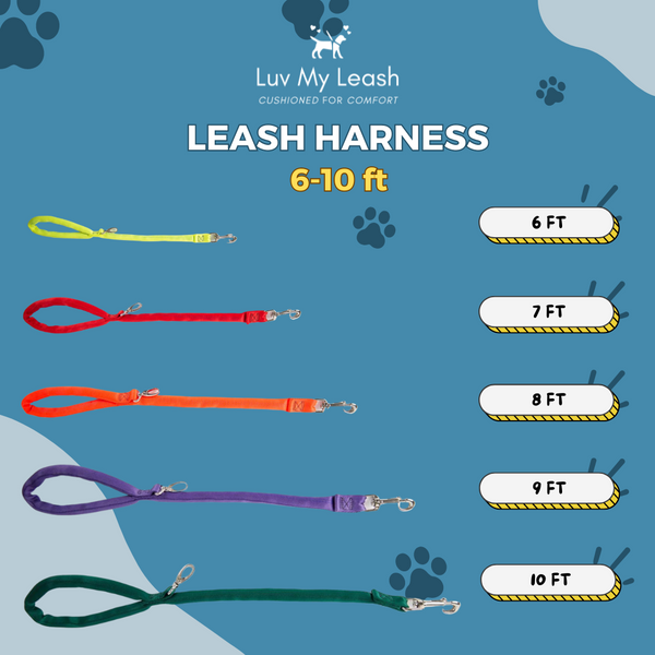 Red-LuvMyLeash,6-10 ft option,Leash Harness-Stops Pulling ,6oz.,Padded,2 Snaps,8 in 1 ,U.S.A.